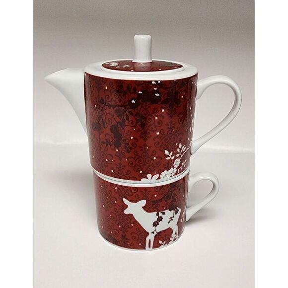 Rosanna Deer & Birds Red Porcelain Stacking Teapot & Teacup for One - Picture 10 of 12